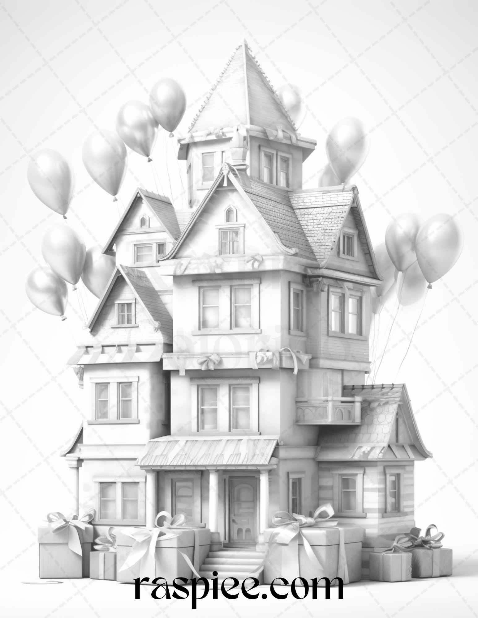 40 Adorable Gift Box Houses Grayscale Coloring Pages Printable for Adults Kids, PDF File Instant Download