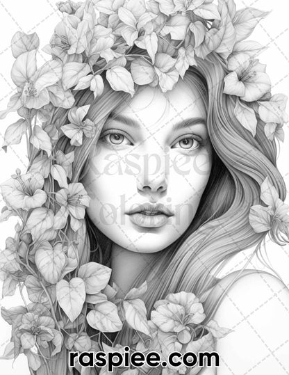 75 Flower Beauties Grayscale Adult Coloring Pages, Printable PDF Instant Download