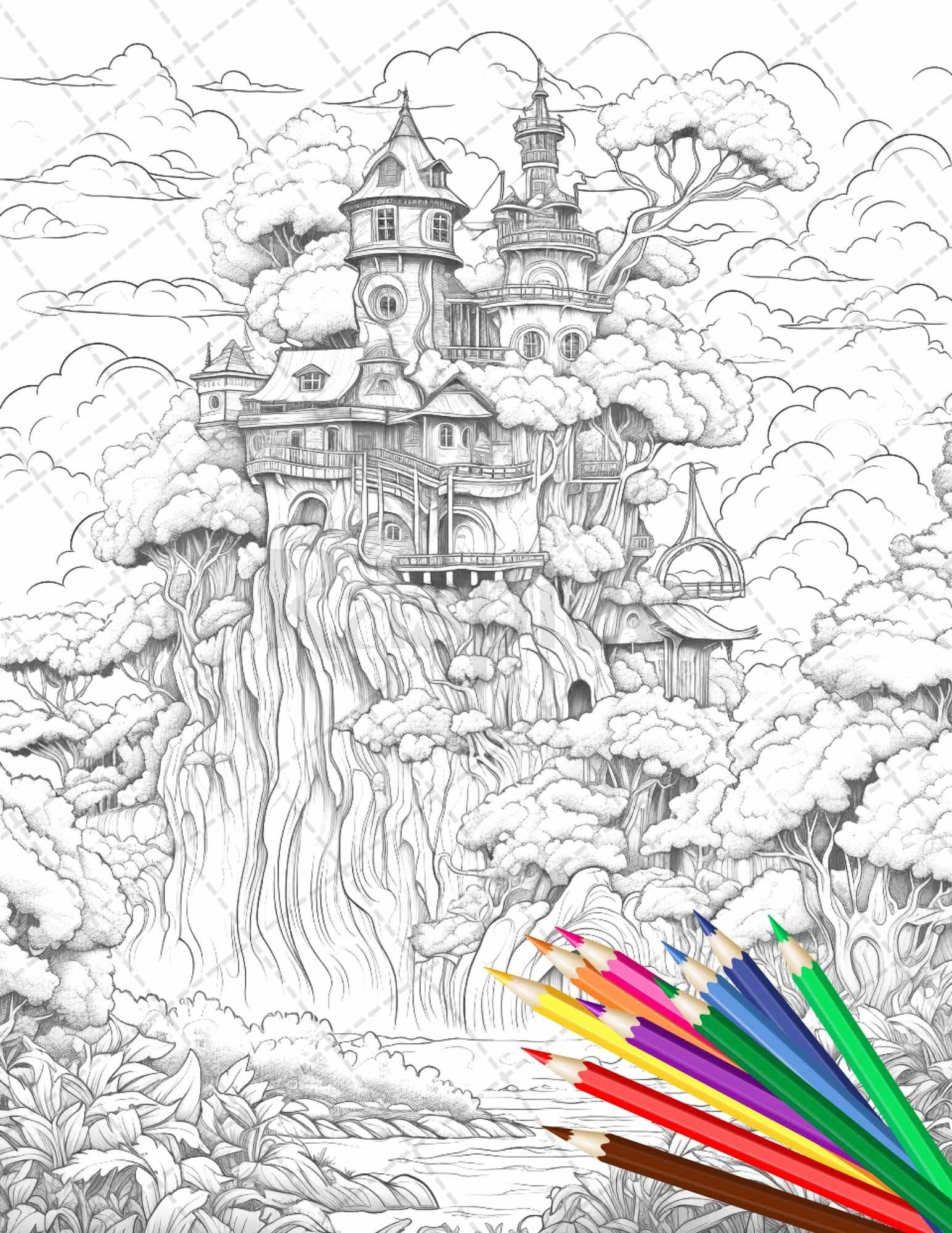110 Enchanted Treehouse Coloring Book Printable for Adults, Grayscale Coloring Page, PDF File Instant Download