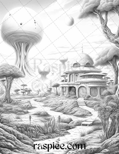 40 Alien Houses Grayscale Coloring Pages for Adults, Printable PDF File Instant Download