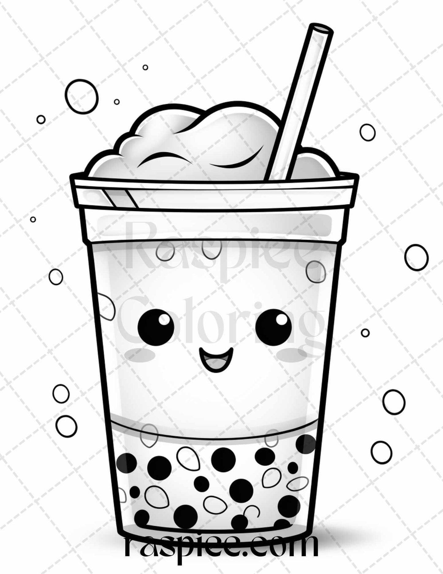 50 Cute Kawaii Boba Tea Grayscale Coloring Pages for Adults and Kids, Printable PDF File Instant Download
