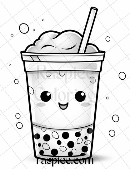 50 Cute Kawaii Boba Tea Grayscale Coloring Pages for Adults and Kids, Printable PDF File Instant Download