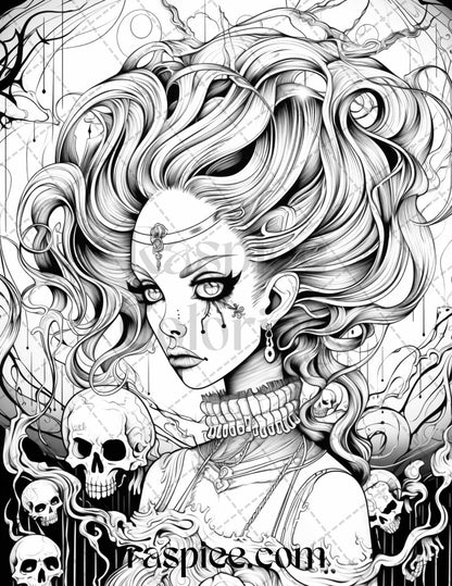 50 Spooky Miss Nightmare Grayscale Coloring Pages Printable for Adults, PDF File Instant Download