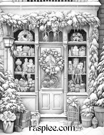 Christmas Store Front Grayscale Coloring Pages for Adults, PDF Printable Instant Download