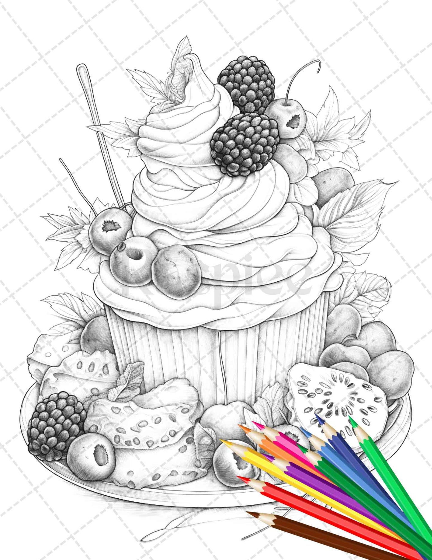 36 Sweet Desserts Coloring Pages Printable for Adults, Grayscale Coloring Page, PDF File Instant Download
