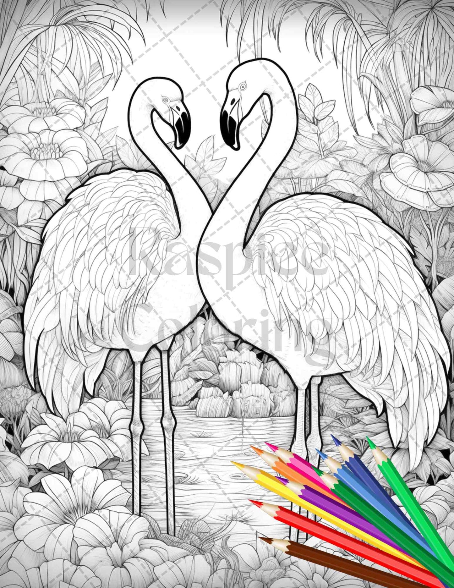 Flamingo Oasis Grayscale Coloring Pages Printable for Adults, PDF File Instant Download