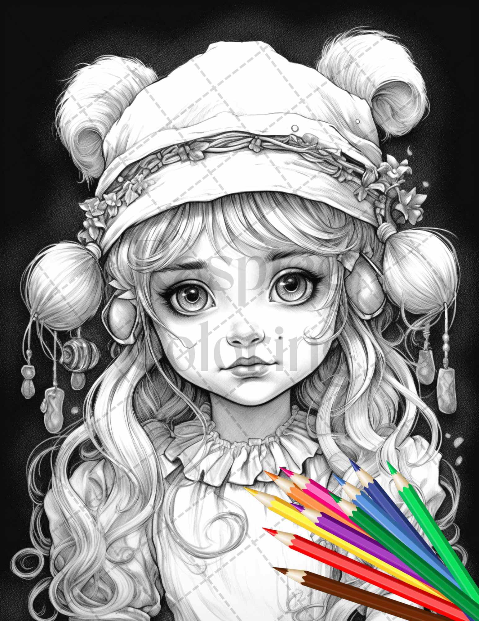 41 Adorable Gnome Girls Grayscale Coloring Pages Printable for Adults and Kids, PDF File Instant Download