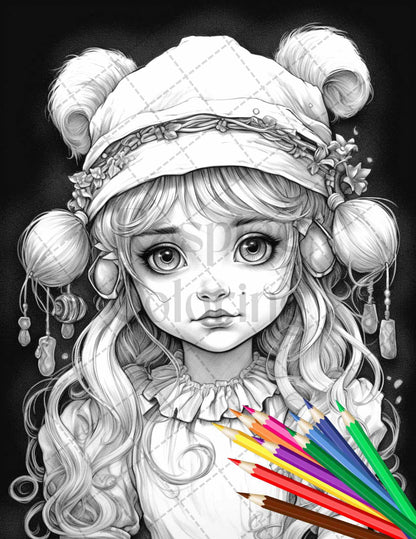 41 Adorable Gnome Girls Grayscale Coloring Pages Printable for Adults and Kids, PDF File Instant Download