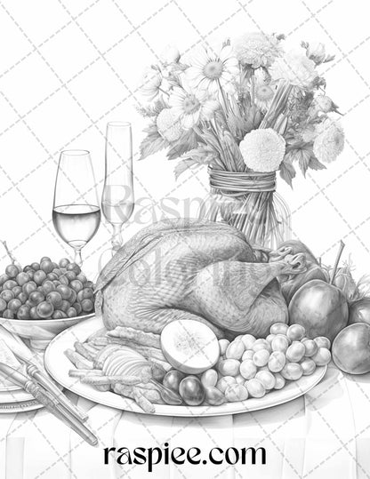 Thanksgiving Dinner Grayscale Coloring Pages for Adults, Relaxing Fall Coloring Sheets, Printable PDF File Instant Download