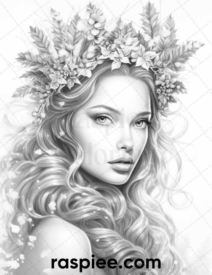 50 Winter Queens Portrait Grayscale Coloring Pages Printable for Adults, PDF File Instant Download
