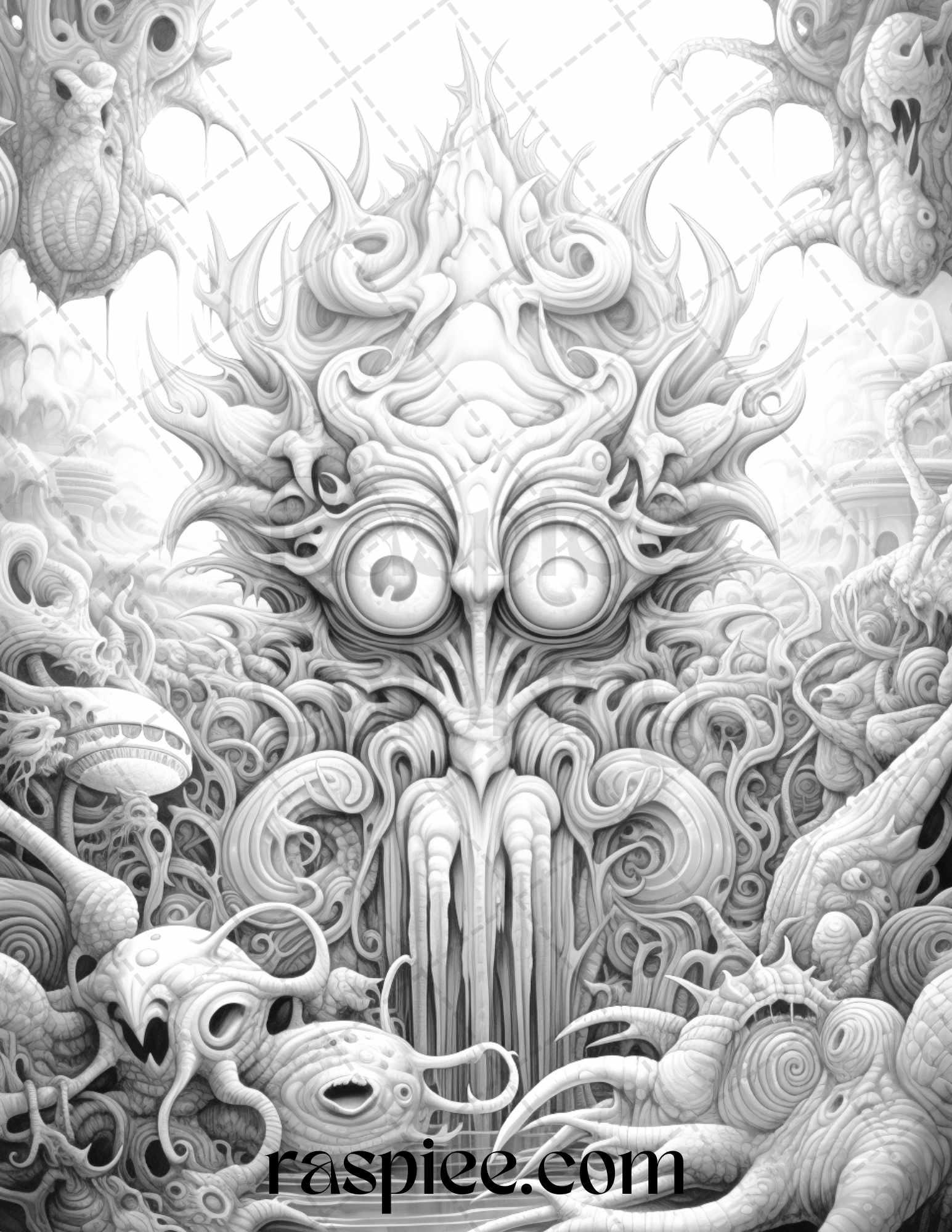 53 Surreal Creatures Grayscale Coloring Pages for Adults, Printable PDF File Instant Download