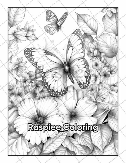 50 Butterflies & Flowers Grayscale Adult Coloring Pages Printable PDF Instant Download