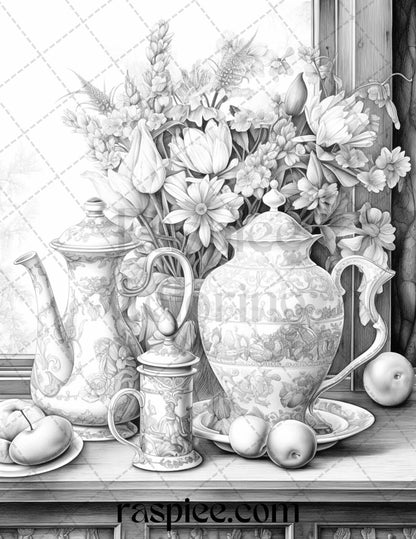 52 Still Life Grayscale Coloring Pages Printable for Adults, PDF File Instant Download