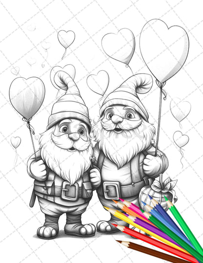 33 Gnome Love Coloring Pages Printable for Adults, Grayscale Coloring Page, PDF File Instant Download