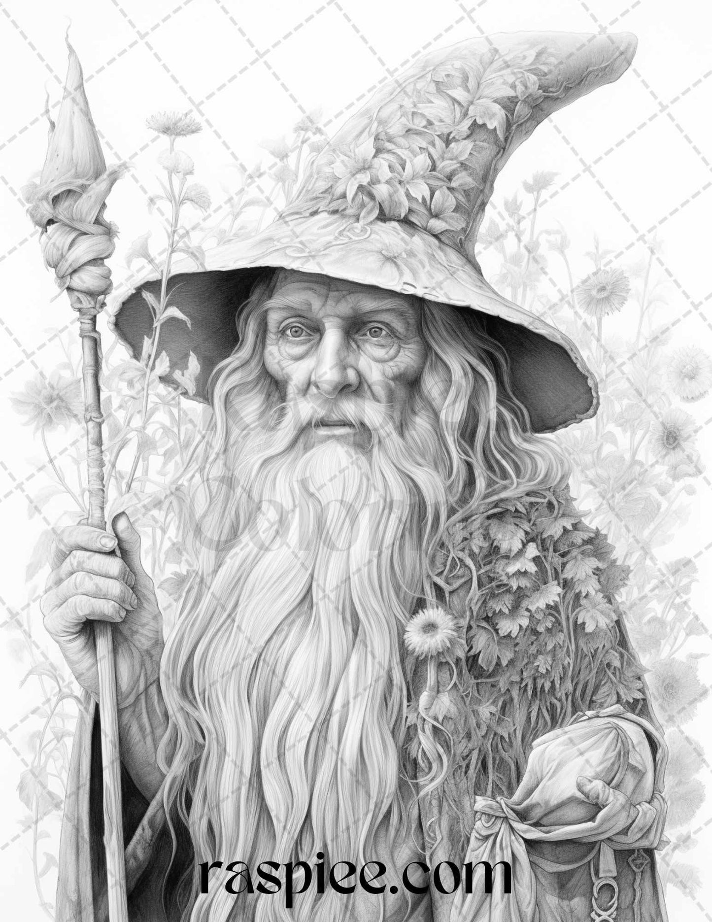 50 Magical Wizard Grayscale Coloring Pages for Adults, Printable PDF File Instant Download