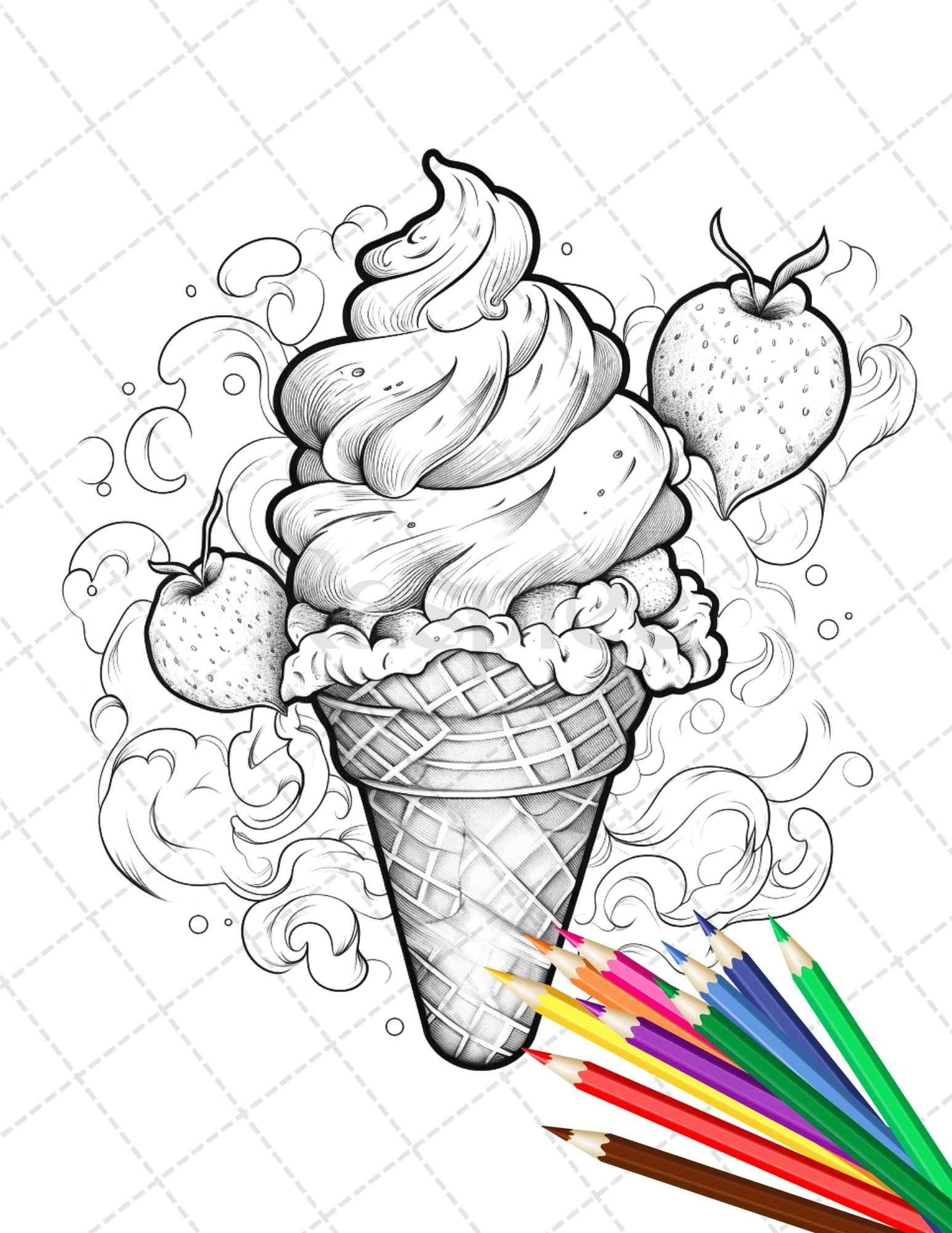 52 Printable Ice Cream Desserts Coloring Pages for Adults and Kids, Grayscale Coloring Page, PDF File Instant Download
