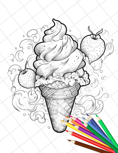 52 Printable Ice Cream Desserts Coloring Pages for Adults and Kids, Grayscale Coloring Page, PDF File Instant Download