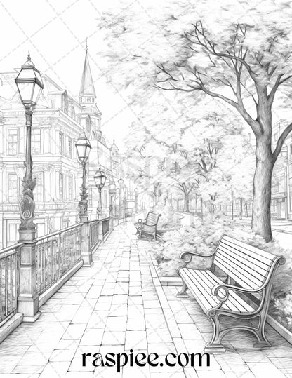 Autumn Scenery Grayscale Coloring Pages Printable for Adults, PDF File Instant Download