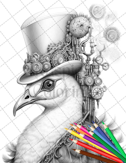 60 Steampunk Animals Grayscale Coloring Pages Printable for Adults, PDF File Instant Download