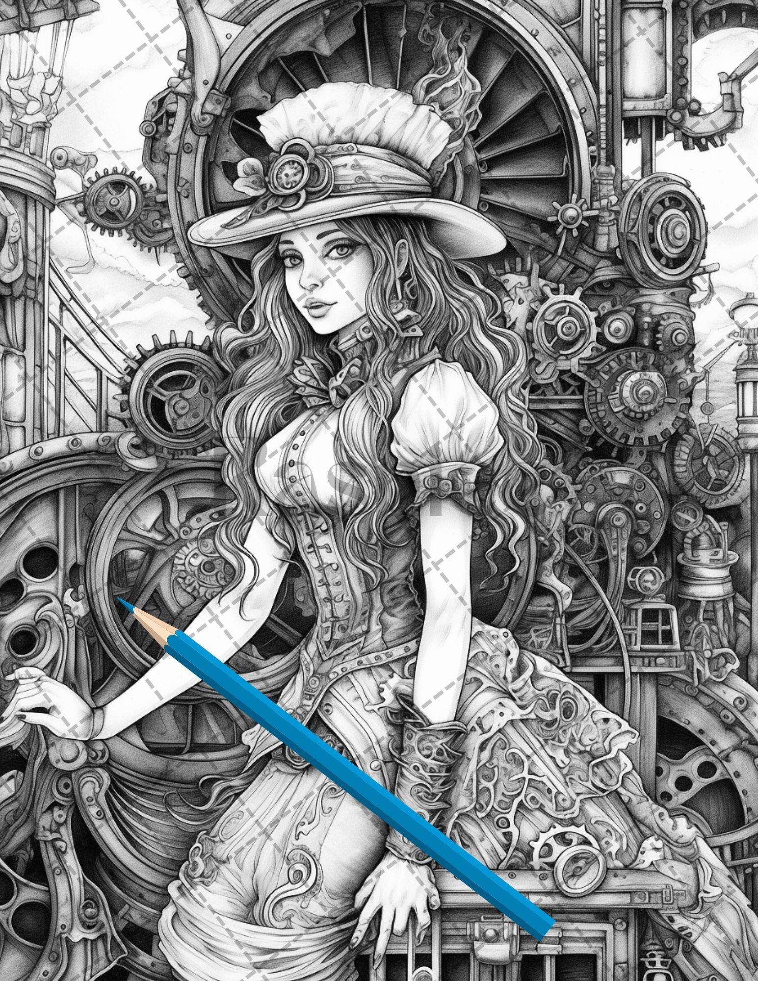 30 Steampunk Girls Coloring Pages Printable for Adults, Victorian Inspired Adult Grayscale Coloring Book, PDF File Download