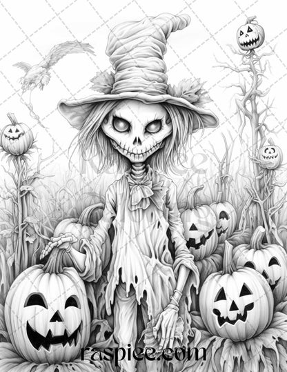 50 Halloween Scarecrows Grayscale Coloring Pages Printable for Adults, PDF File Instant Download