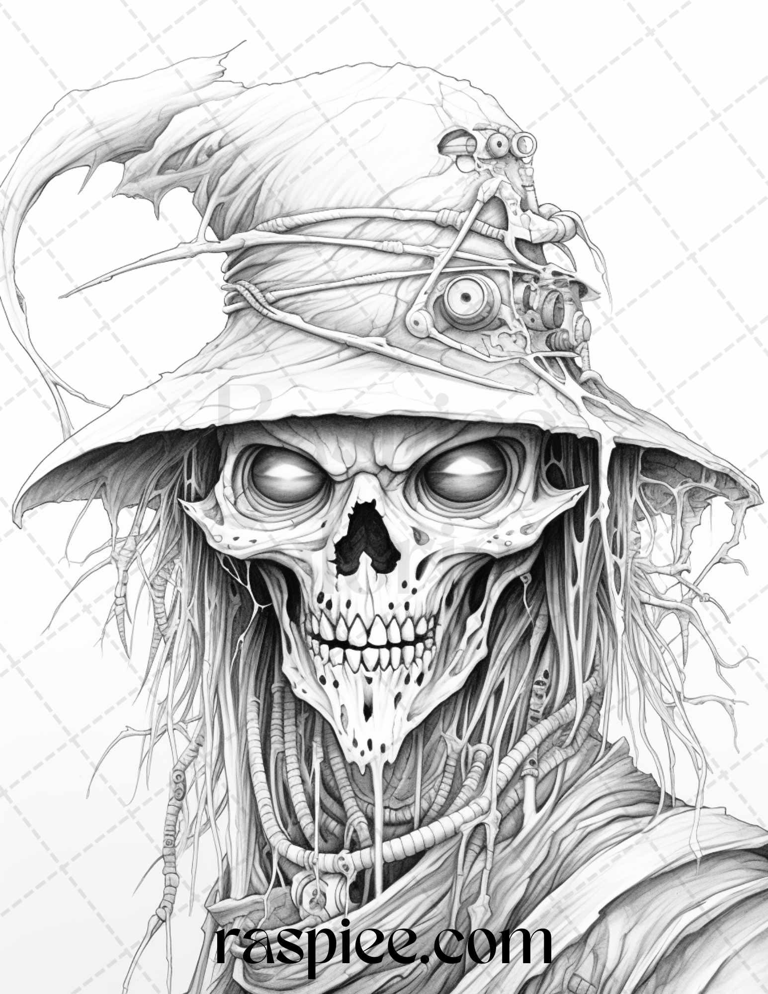 53 Scary Steampunk Scarecrows Grayscale Coloring Pages Printable for Adults, PDF File Instant Download