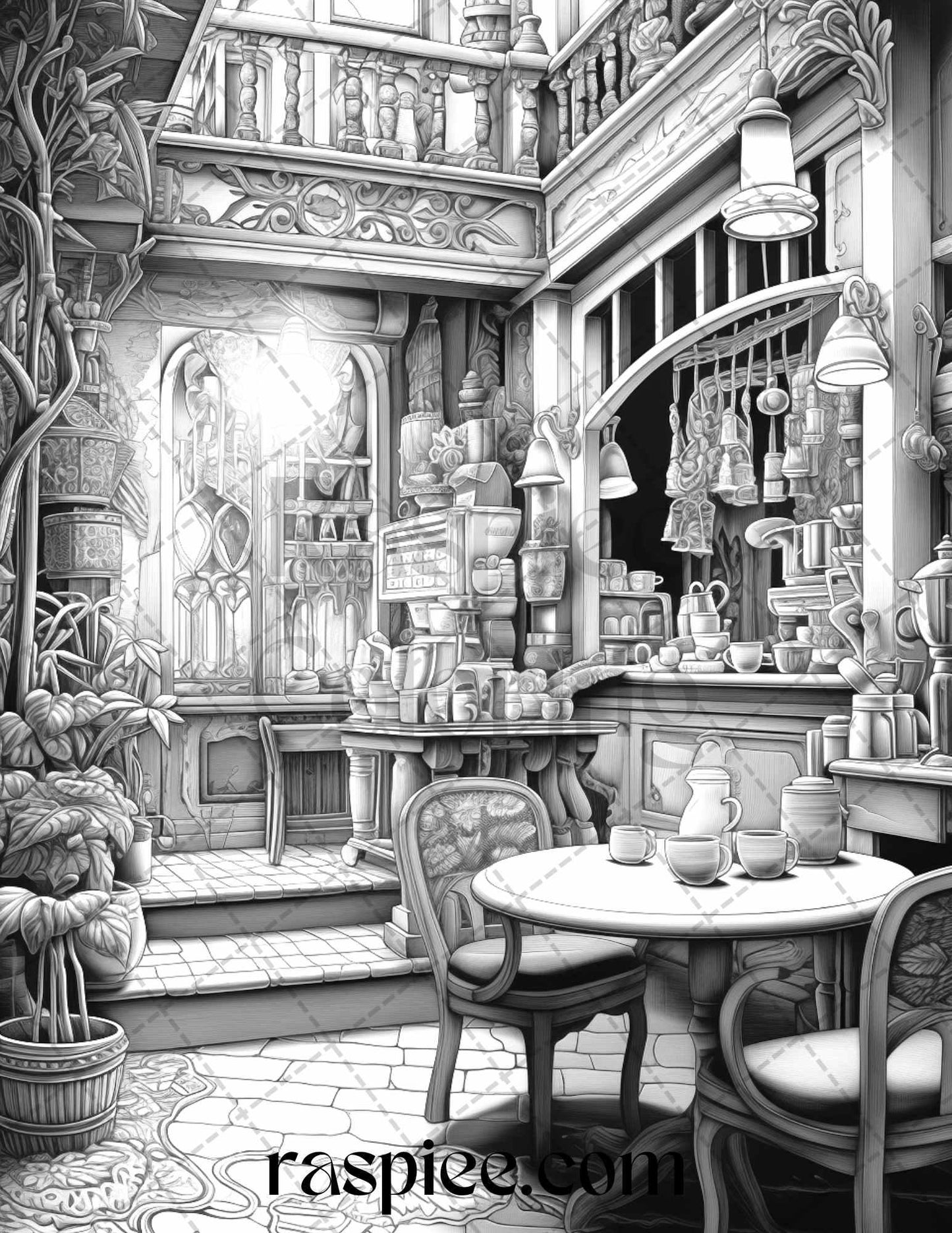 50 Cozy Coffee Shop Grayscale Coloring Pages Printable for Adults, PDF File Instant Download