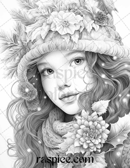 60 Beautiful Winter Girls Grayscale Coloring Pages Printable for Adults, PDF File Instant Download