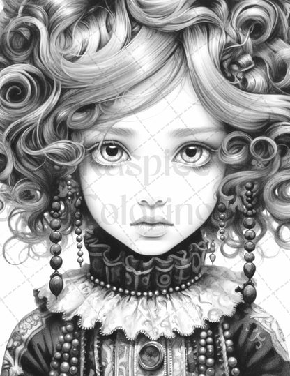 60 Adorable Gothic Girls Grayscale Coloring Pages Printable for Adults, PDF File Instant Download
