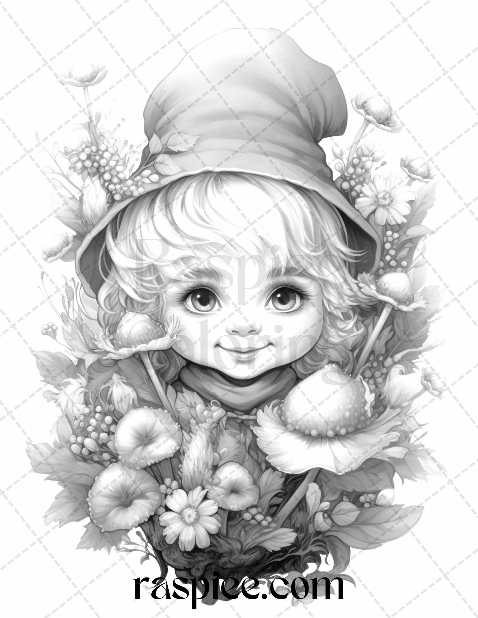 50 Flower Gnomes Grayscale Coloring Pages Printable for Adults Kids, PDF File Instant Download