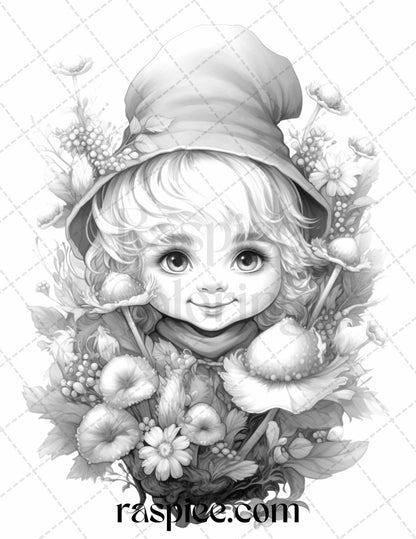 50 Flower Gnomes Grayscale Coloring Pages Printable for Adults Kids, PDF File Instant Download