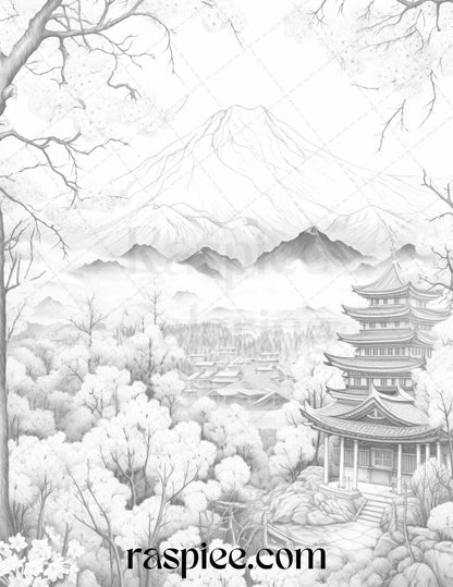 60 Mountain Flower Landscapes Grayscale Coloring Pages Printable for Adults, PDF File Instant Download