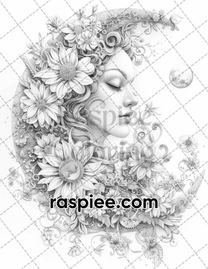60 Boho Moon Floral Grayscale Adult Coloring Pages Printable PDF Instant Download
