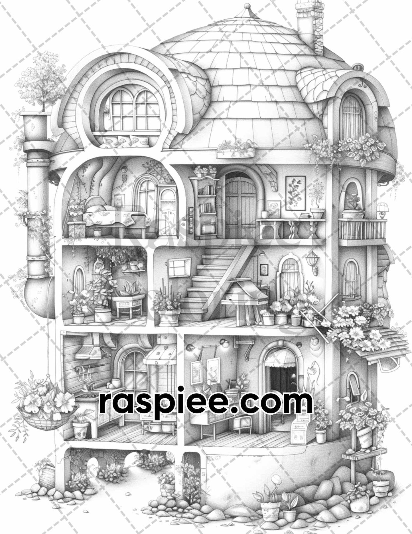 60 Isometric House Grayscale Adult Coloring Pages, Printable PDF Instant Download
