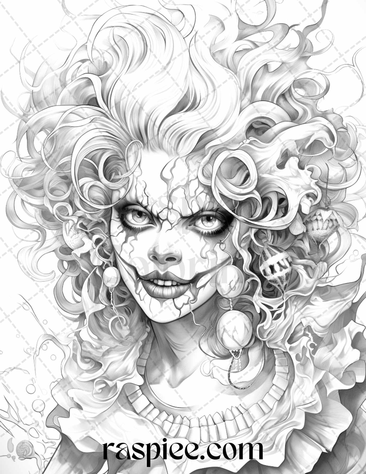 50 Scary Clown Girls Grayscale Coloring Pages Printable for Adults, PDF File Instant Download