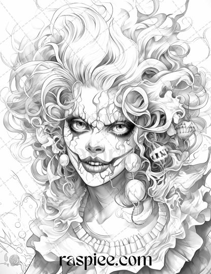 50 Scary Clown Girls Grayscale Coloring Pages Printable for Adults, PDF File Instant Download