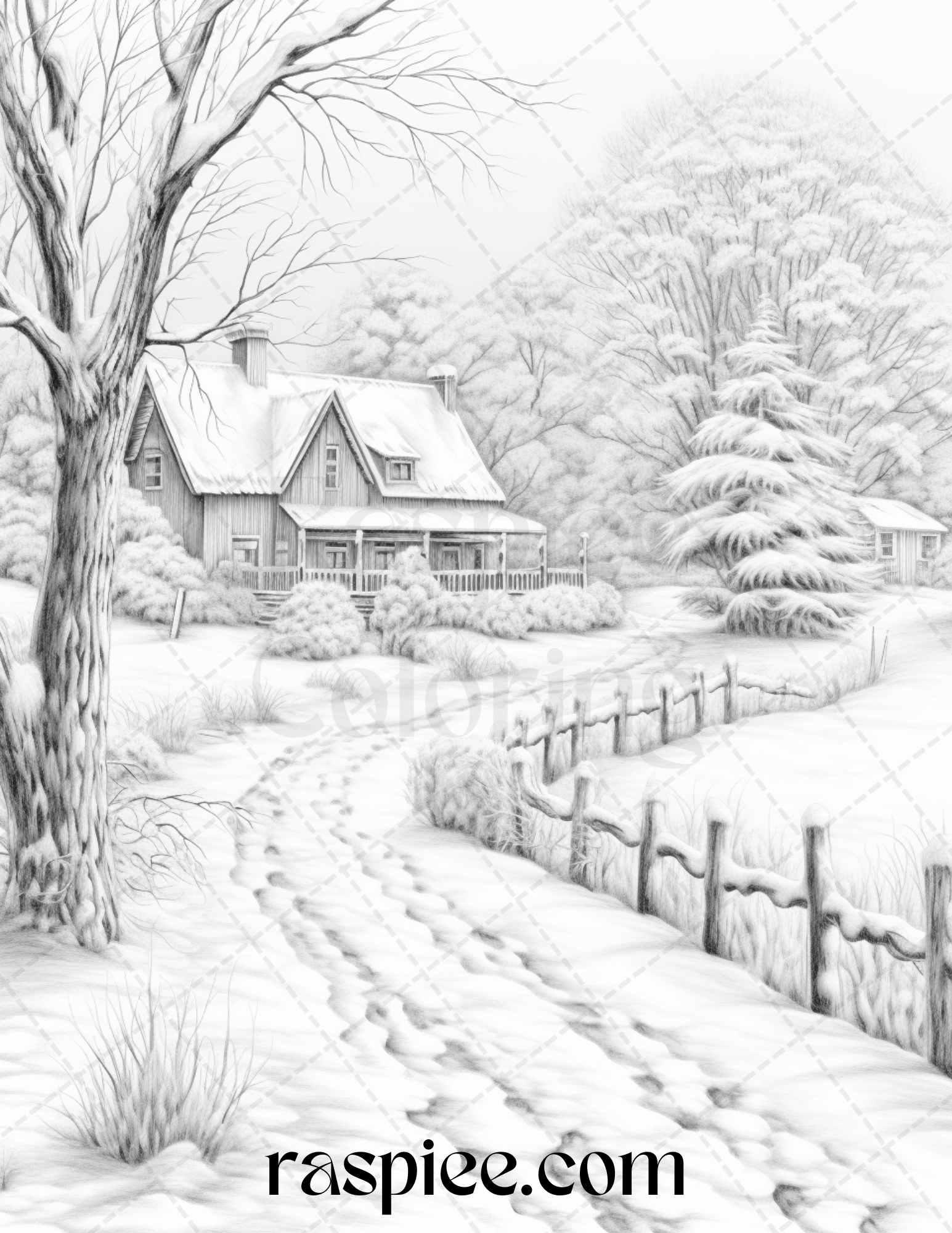 Winter Scenery Grayscale Coloring Pages Printable, Relaxing Snowy Landscapes, PDF File Instant Download