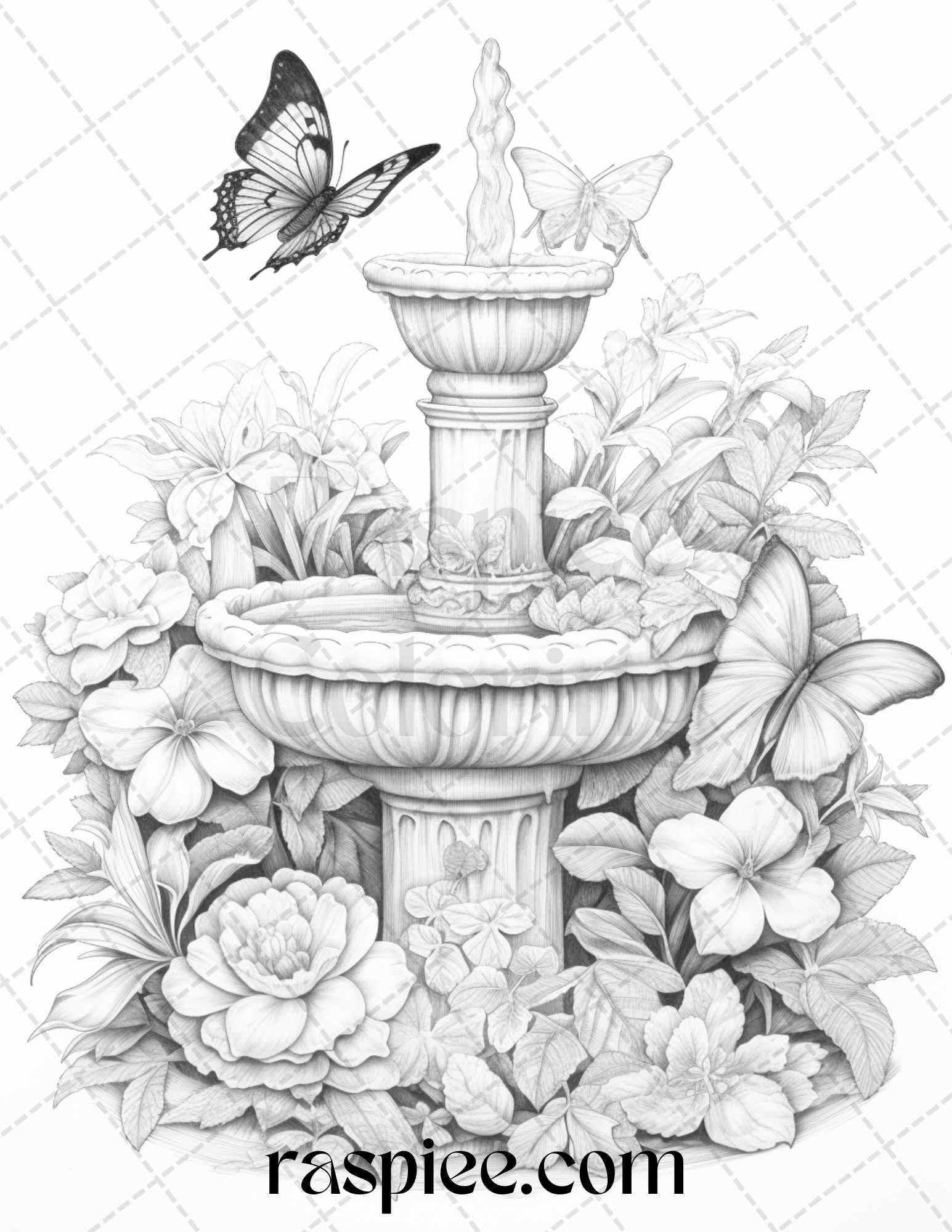 32 Blooming Fountains Grayscale Coloring Pages Printable for Adults, PDF File Instant Download