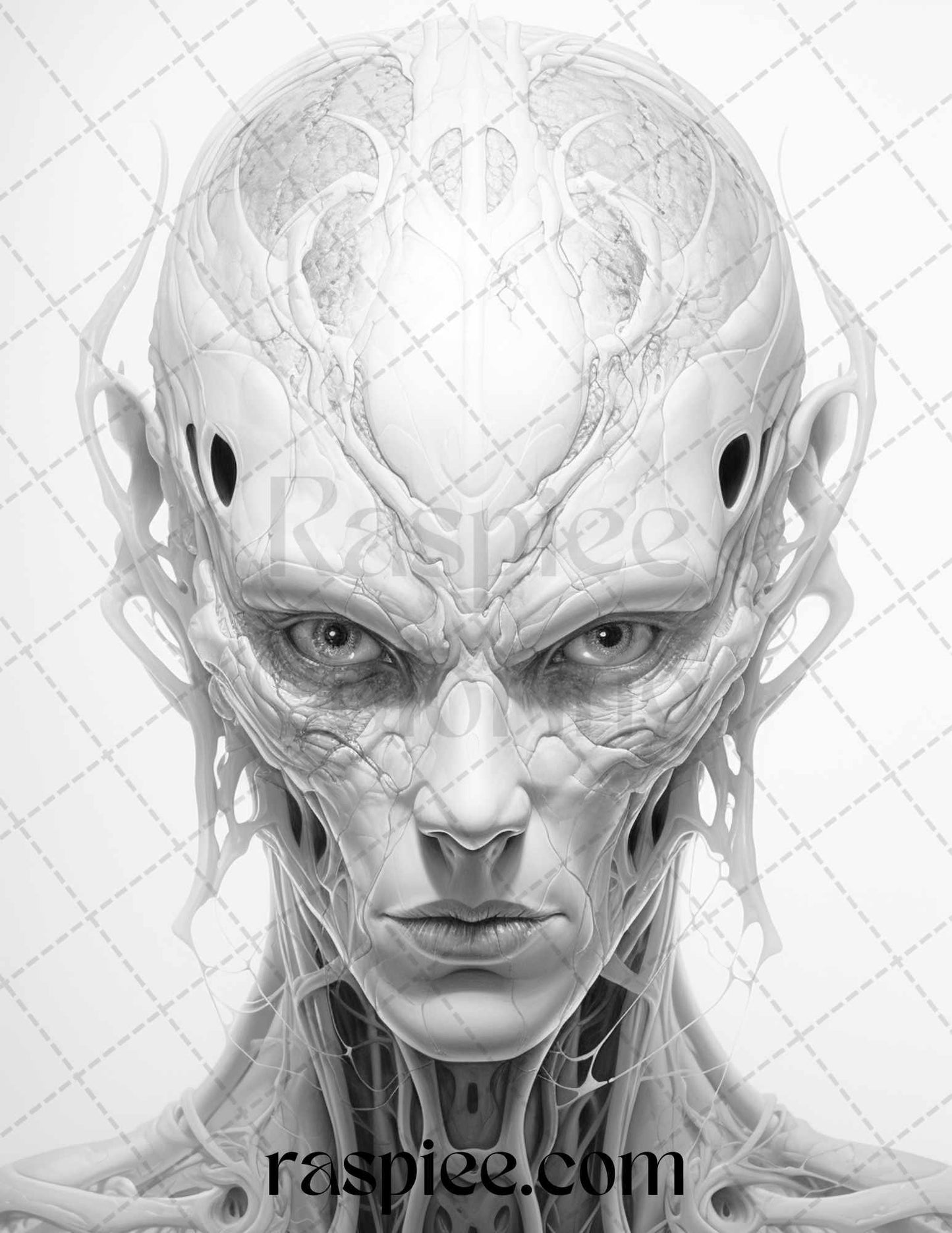 65 Alien Portrait Grayscale Coloring Pages for Adults, Printable PDF File Instant Download