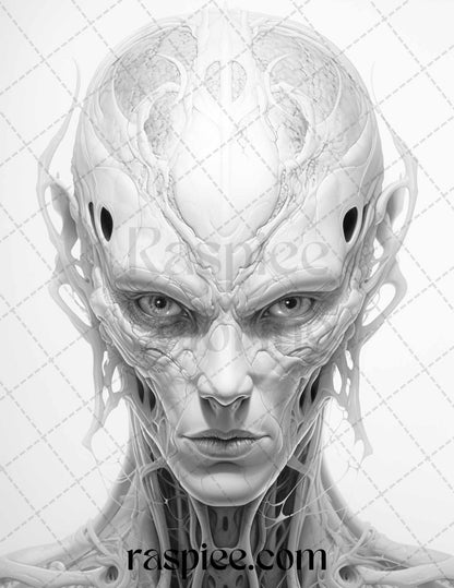 65 Alien Portrait Grayscale Coloring Pages for Adults, Printable PDF File Instant Download