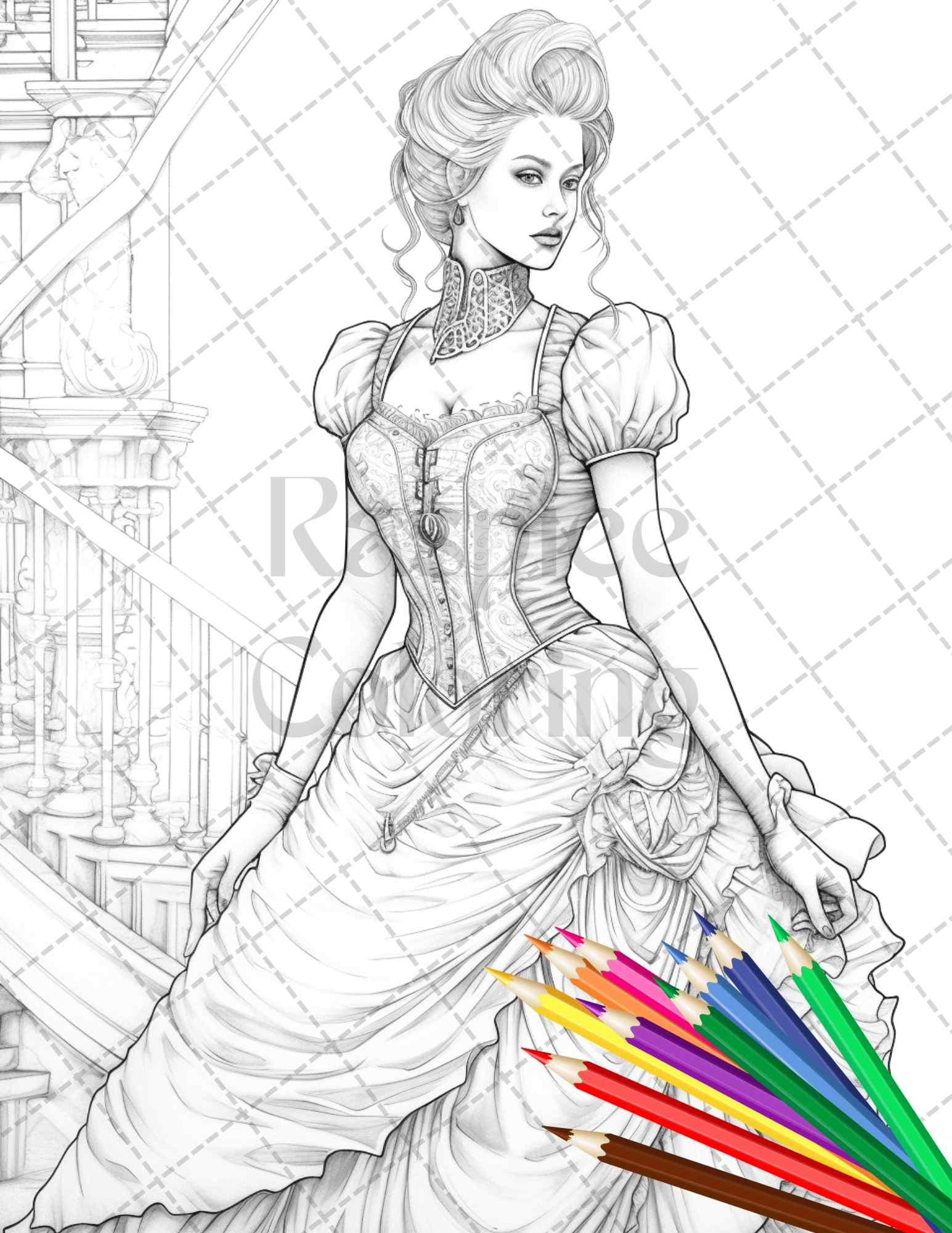 50 Victorian Fashion Grayscale Coloring Pages Printable for Adults, PDF File Instant Download