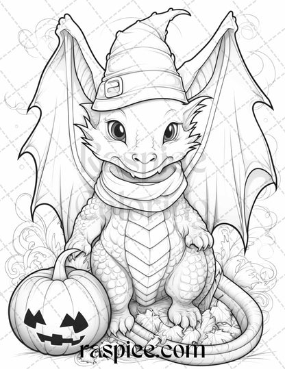 50 Cute Pumpkin Dragons Graycale Coloring Pages for Adults and Kids, Printable PDF File Instant Download