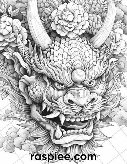 60 Traditional Japanese Tattoos Grayscale Adult Coloring Pages, Printable PDF Instant Download