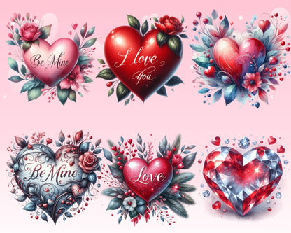 Romantic Valentine Heart Clipart Bundle, 52 PNG High-Res Files for Commercial Use and DIY Projects