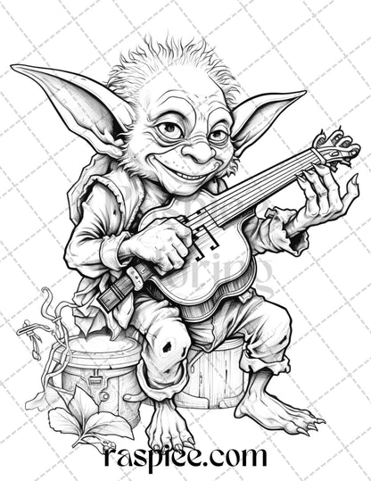 Fantasy Goblins Grayscale Coloring Pages Printable for Adults, PDF File Instant Download