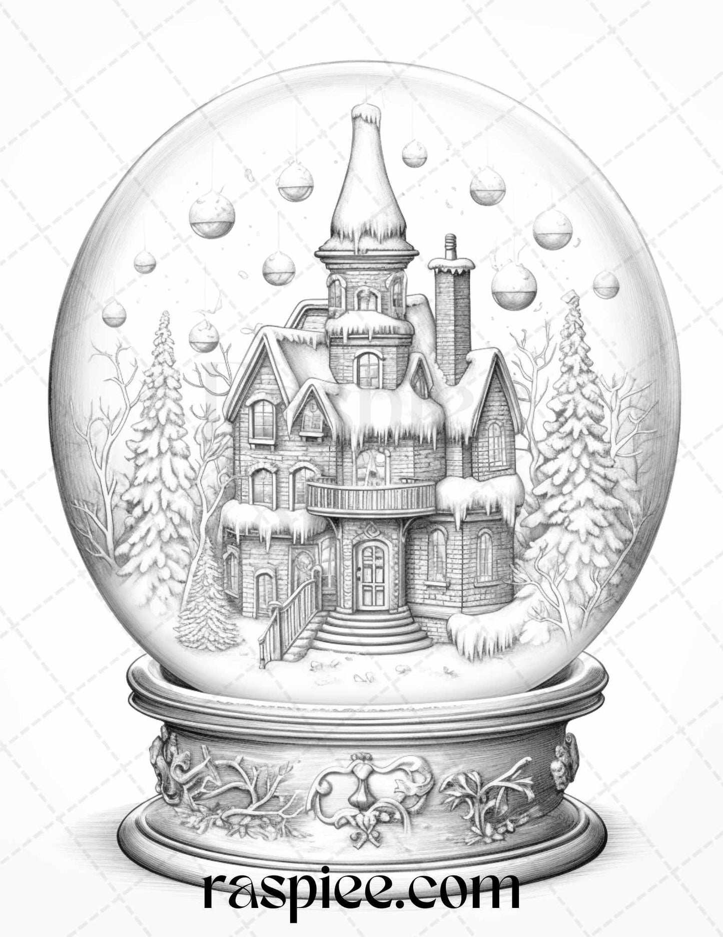 Cozy Cabin in Snow Globe Grayscale Coloring Pages Printable for Adults, PDF File Instant Download