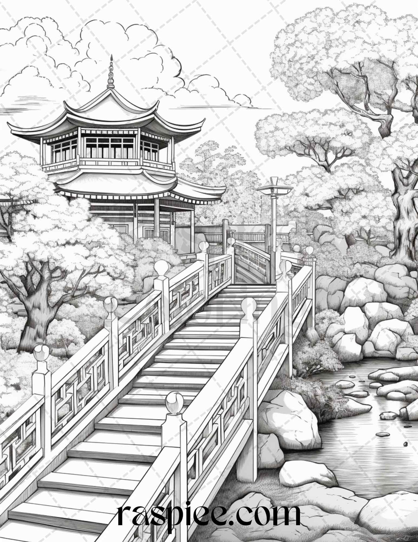 Japanese Garden Grayscale Coloring Pages Printable for Adults, PDF File Instant Download