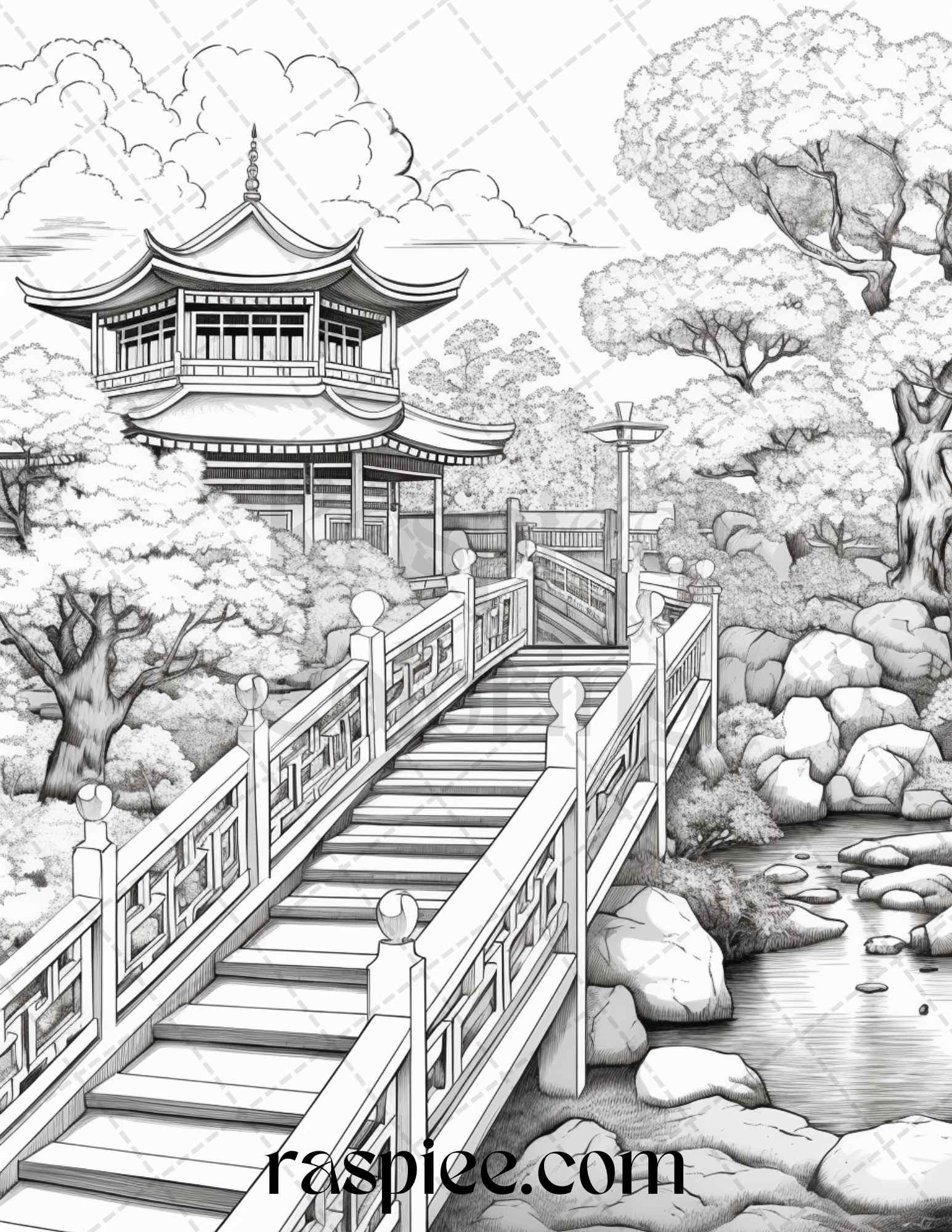 Japanese Garden Grayscale Coloring Pages Printable for Adults, PDF File Instant Download