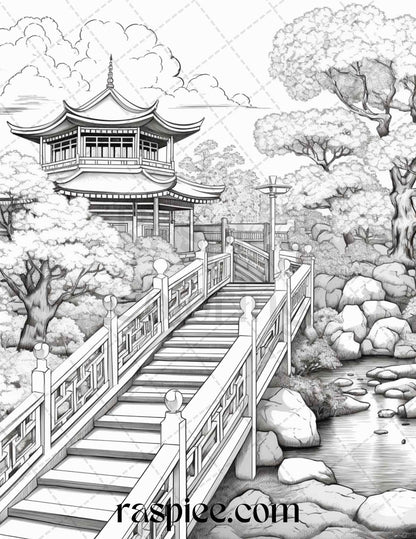 Japanese Garden Grayscale Coloring Pages Printable for Adults, PDF File Instant Download