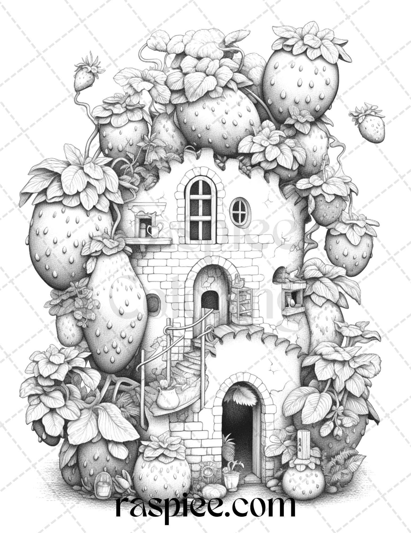 50 Strawberry Houses Grayscale Coloring Pages Printable for Adults Kids, PDF File Instant Download